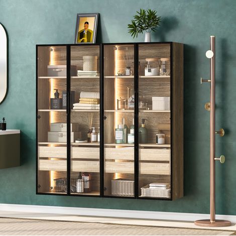 Meuble de salle de bain lot de 2 moderne MDF naturel avec portes en verre dépoli, LED intégrée, tiroirs et étagères (1/5)
