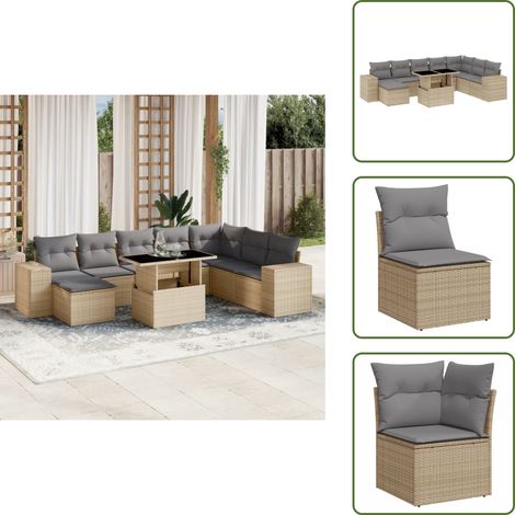 The Living Store Salon de jardin avec coussins 9 pcs beige résine tressée - Ensemble Salon De Jardin - Meuble Extérieur - Jardin Design - Mobilier De Jardin - Chaise Longue (1/5)