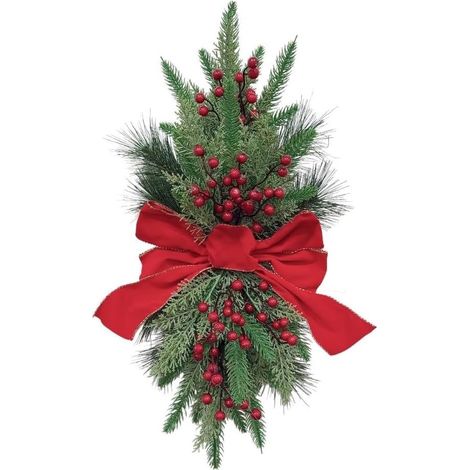 Couronne de Noël Artificielle pour en Aiguilles de Pin Flocquées 60 cm Faite Main Style pour américain pour Décoration Festive de Porte et Mur (1/5)