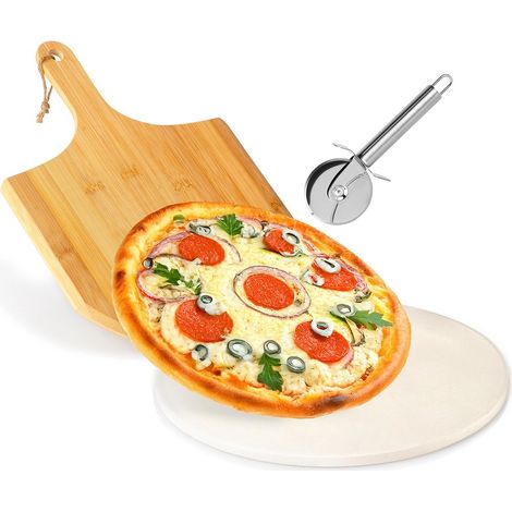 Pierre à pizza en argile réfractaire + pelle en bois + couteau (1/5)
