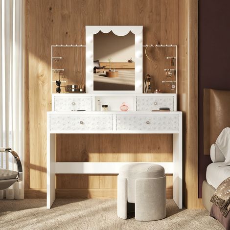 Coiffeuse avec Miroir – 3 Modes D’Éclairage – 8 Ampoules – Table de Maquillage Blanc avec 4 Tiroirs-étagère à bijoux amovible (1/5)