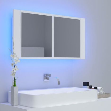 Armoire de Toilette avec Miroir et Éclairage LED Intégré, Meuble de Rangement Suspendu en Acrylique Blanc, 90x45x12 cm, Design Moderne pour Salle de Bain (1/5)