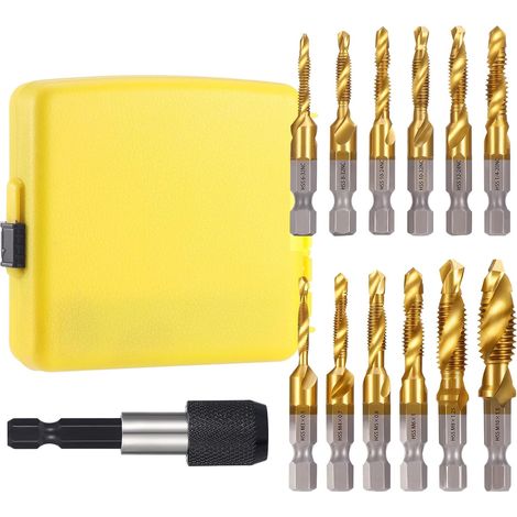 13 Pièces Foret Taraudeur HSS, SAE/Metric M3-M10 Foret Taraud Filetage Métrique Jeu de Forets et de Tarauds Combinés avec Adaptateur de Taraud pour Bois Métal Plastique Aluminium