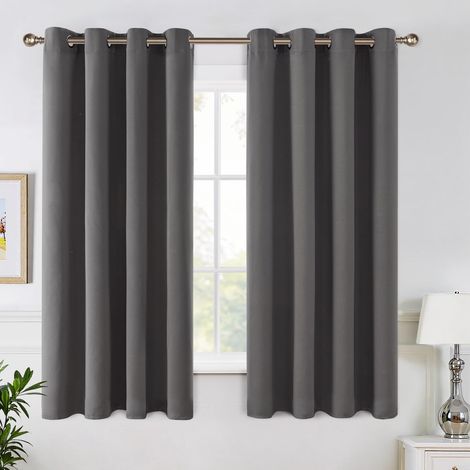 Set of 2 Short Thermal Blackout Curtains with Eyelets 140 x 175 cm Grey Thermal blackout fabric for living room and bedroom, helps reduce light, heat and cold. (1/5)