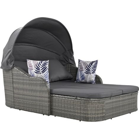 Îlot de soleil, ensemble salon de jardin, rotin PE avec auvent réglable, bain de soleil tressé toutes saisons pour terrasse, double lounge avec 4 coussins et housse de coussin amovible pour jardin, pi (1/5)