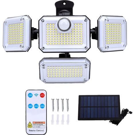Lumières de sécurité solaires 4 têtes capteur de mouvement à 270 degrés applique murale extérieure IP65 étanche 3 modes LED réglables pour jardin, garage, patio (1/5)