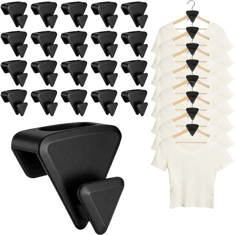 20 perchas ahorradoras de espacio, ganchos de plástico resistentes y multifuncionales para organización y conexión de perchas para armarios y roperos, color negro.