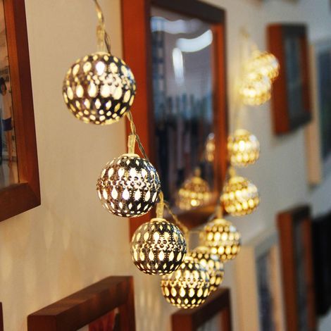 10-LED à Piles Noël Mariage Boules En Métal Argenté Guirlande Lumineuse Guirlande Lumineuse - Blanc Chaud (1/5)