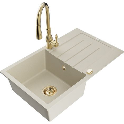 Mexen Bruno lavello in granito 1 vasca con scolapiatti e rubinetto da cucina Savita, beige - 6513-69-672601-50