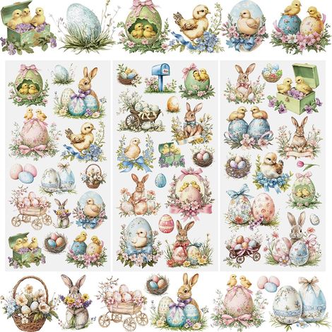 Lot de 3 feuilles d'autocollants de transfert pour meubles, décalcomanies de Pâques, animaux, lapin, œuf, fleurs, bricolage, décoration pour scrapbooking, fenêtre de maison, 15 x 30 cm (1/5)