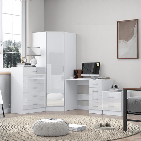 Reflect 1 Door Corner Wardrobe, 5 Drawer Chest, 2 Drawer Bedside & Desk - White Gloss & Matt White - Bedroom Furniture Set