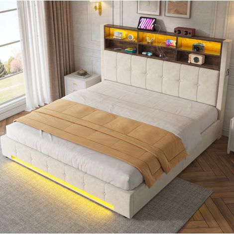 MEUBLIV Bett 180x200 cm Beige – Stauraum-Kopfteil, LED, USB-C, ohne Matratze (1/5)