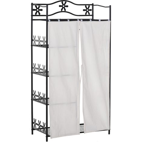 Armario para dormitorio de adulto, ropero, almacenamiento múltiple, 5 estantes, 84 cm de largo x 42 cm de ancho x 159 cm de alto, metal negro, 2 cortinas blancas