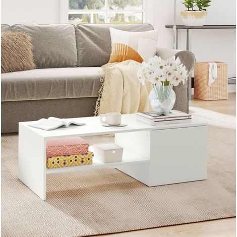 Table basse relevable 110x52x36 cm blanc en bois avec rangement et rails métalliques (1/5)
