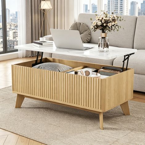 Table basse relevable 105x53x42 cm, avec rangement caché, plateau imitation marbre, pieds en bois, table multifonction pour salon - Couleur bois naturel (1/5)