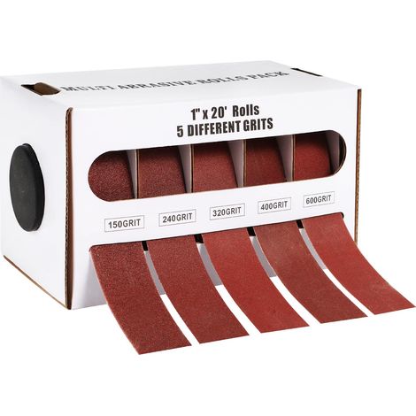 Rouleaux de toile carborundum de cinq grains différents, avec distributeur, adaptés au bois et au métal. (1/5)