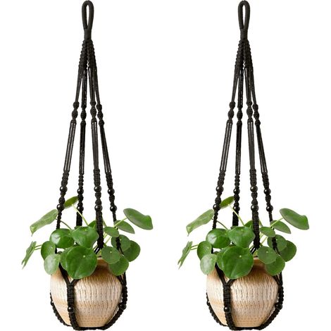 Lot de 2 suspensions en macramé pour plantes d'intérieur, panier suspendu avec perles, 35 pouces, noir (1/5)