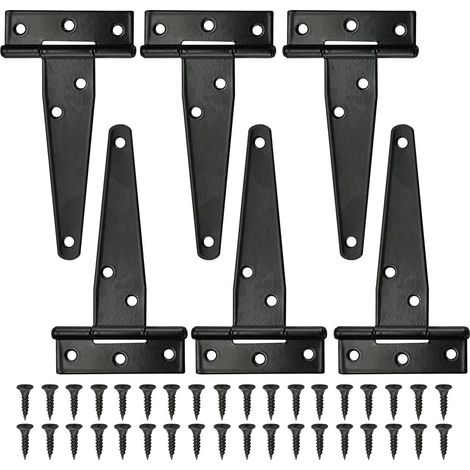 6 schwarze T-Scharniere, 4-Zoll-Scharniere für Scheunentore, T-Scharniere für den Außenbereich mit 36 Schrauben, Türscharniere aus Eisen, Hochleistungsscharniere für Türen, Fenster und Gartenhäuser