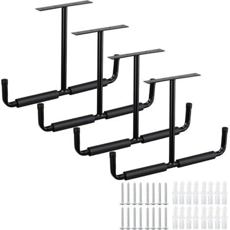 Lot de 4 crochets de plafond caoutchoutés pour garage - En acier noir - Double pointe - 20 cm - Pour échelle et équipements de sport tels que ski, planche de surf, canne à pêche (1/4)
