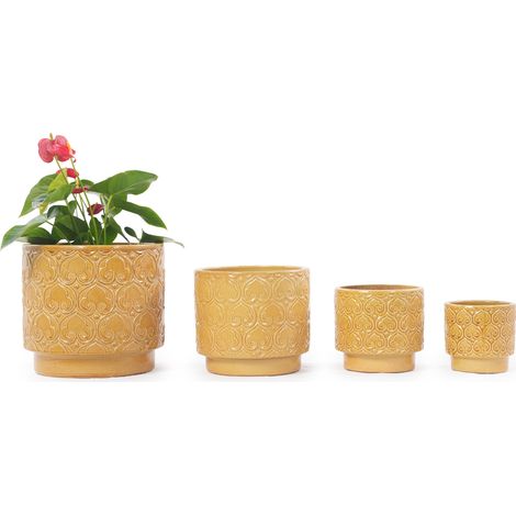 Lot 4 pots en céramique Ø38/31,5/24/19 cm, émail jaune chaud brillant, motif cœur, pour intérieur, balcon, jardin & terrasse (1/5)