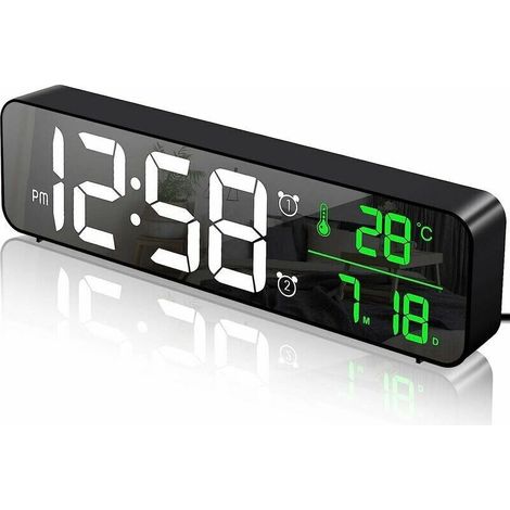 Digitaler Wecker, Wanduhr, LED-Digitalwecker mit großem Display, Temperatur- und Datumsanzeige, 2 Weckzeiten, 40 Musikoptionen, 6 Helligkeitsstufen, USB-Anschluss, Schwarz (1/4)