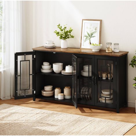 Madia da cucina 160x40x86 cm, ampio spazio contenitivo, ante in vetro, piano effetto legno, MDF nero (1/5)