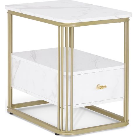 M MCombo Beistelltisch mit Schublade, Modern Sofatisch Marmor Weiß Gold, Klein Kaffeetisch Metallgestell, Nachttisch mit 2 Ablagen, Couchtisch für Wohnzimmer, 60x40x55, 2138 (1/5)
