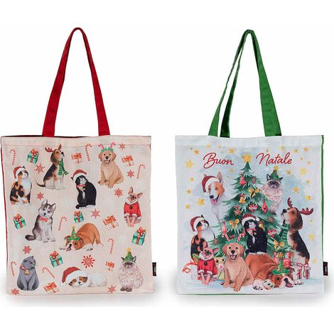 Borse in tessuto con manico colorato e decori cane e gatto natalizi, set da 4 pezzi, cm 38 x 42 H (con manici 68)