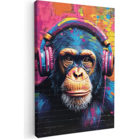 CUADRO EN LIENZO Graffiti - Chimpancé - Arte callejero - Auriculares - Mono Pinturas 40x60 cm