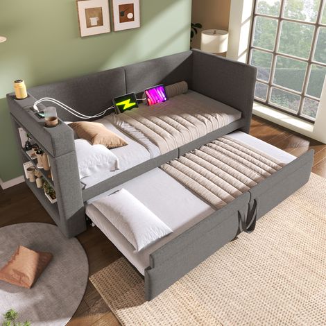 Schlafsofa 90x200 mit Ausziehbett und Getränkehalter,Daybett mit USB&TYPE-C Ladeanschluss und Stauruam,Einzelbett aus Leinen,ohne Matratze,Grau