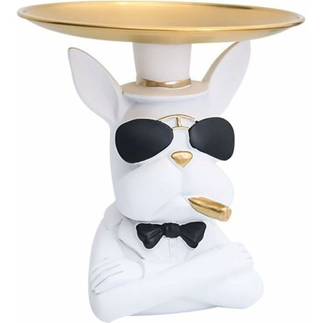 Statue Chien Bouledogue - Résine Blanche - Décoration Intérieure Table Bureau - Rangement Objets Clés Téléphone - Sculpture Animale Maison - 1 Pièce (1/5)