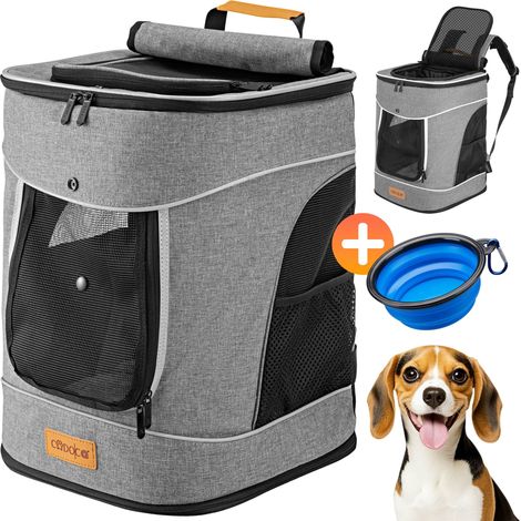 CADOCA® Mochila Transportín Perros Gatos 20 Kg Bolso Transporte Mascotas Plegable Correa Comedero Animales Tiras Reflectantes Viajes Excursiones Gris