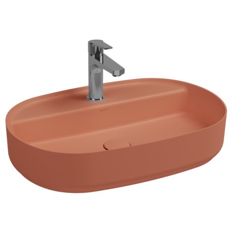Lavabo ovale da appoggio senza troppo pieno in ceramica con foro rubinetto - Terracotta Opaco (1/2)
