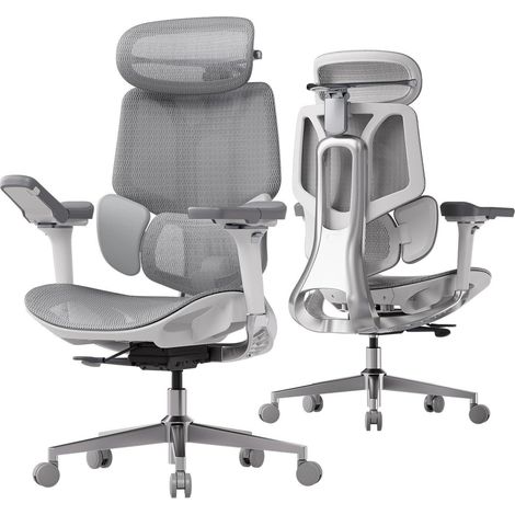 Fauteuil de bureau ergonomique gris avec support lombaire dynamique et appui-tête réglable 4D (1/5)