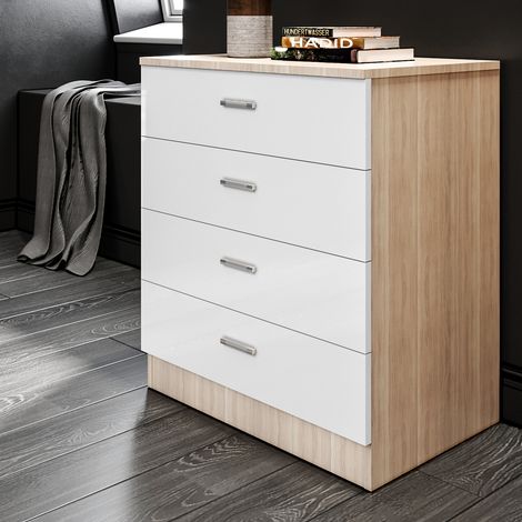 Elegant Bedroom Nightstand White/Oak High Gloss Bedside Table Cabinet with Drawer