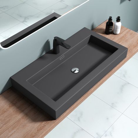 doporro® 90x48x10cm Lavabo sobre encimera antracita mate Colossum18-900 de fundición mineral lavabo suspendido de mármol (1/5)