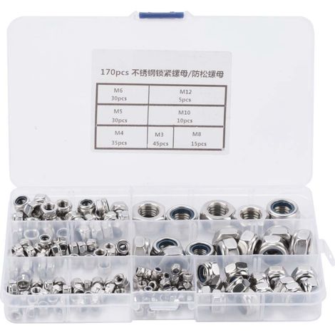 170pcs box Stainless Steel Self locking Hex Nut Fastener Lock Nuts
