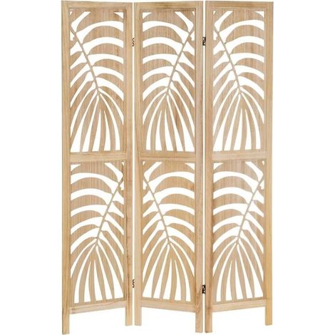 Paravent avec 3 pans en bois MDF et paulownia coloris naturel, blanc - Longueur 120 x Profondeur 2 x Hauteur 170 cm (1/3)