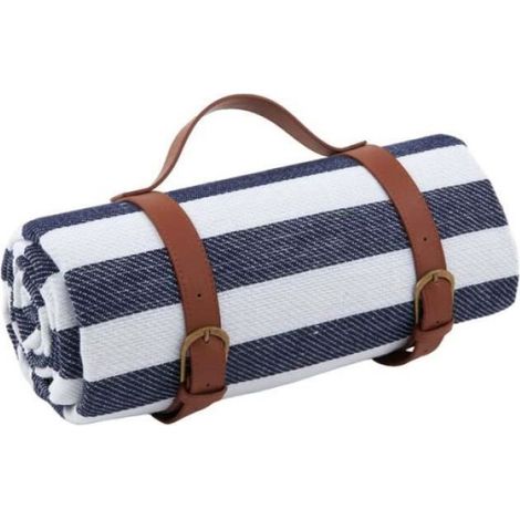 Tapis de plage - Camping - 150 x 200 cm - Résistant à l'humidité - Sangles en cuir - Rayures bleues