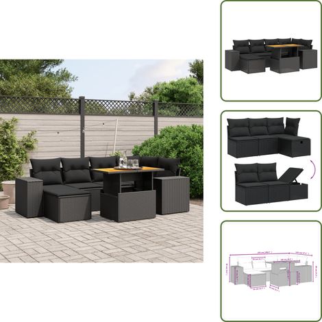 Salon de jardin 7 pcs avec coussins noir résine tressée - Ensemble Salon De Jardin - Mobilier Extérieur - Résine Tressée - Rotin Synthétique - Table Extensible (1/5)