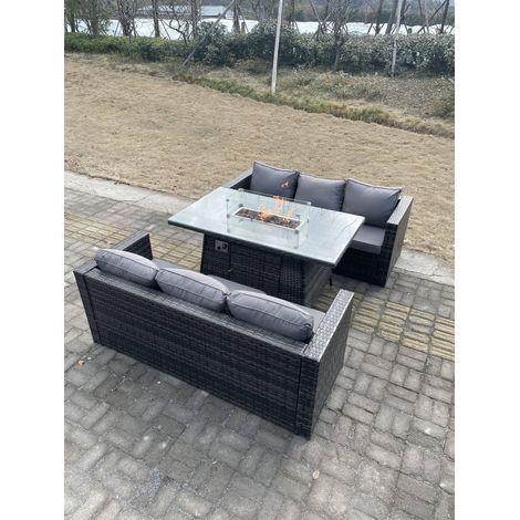 Fimous 6-Sitzer Outdoor Rattan Gartensofa Set Gartenmöbel Gas Feuerstelle Tisch Set Esstisch Fußhocker Dunkelgrau Gemischt (1/4)
