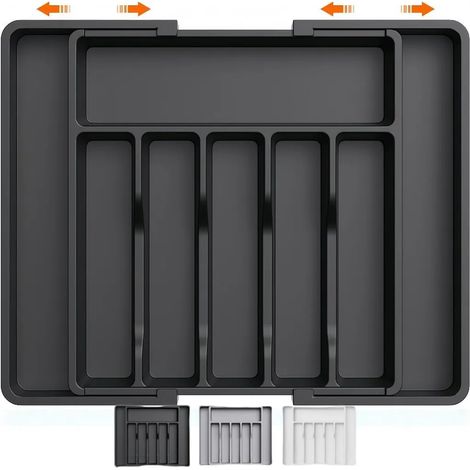 Küchenutensilienablage, ausziehbare Besteckschublade mit 6-8 Fächern, praktische Aufbewahrungsbox für Löffel, Gabeln und Messer, schwarz. (1/5)