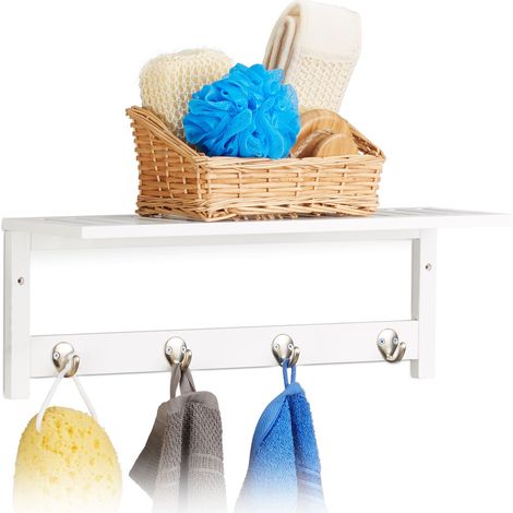 Relaxdays Wall Rack with 4 Hooks, HxWxD: 17.5 x 50 x 16 cm, Bamboo, Towel Holder, Hallway Coat Rack, Floating, White