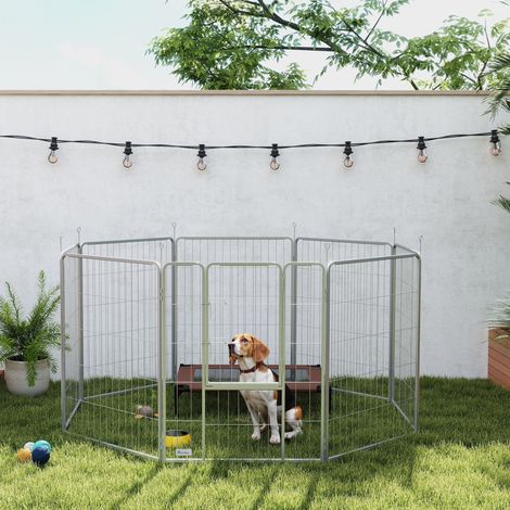 Parque para mascotas 80x100x1.5 cm, 8 paneles plegables con puerta y correa, para interior y exterior, acero plateado (1/5)