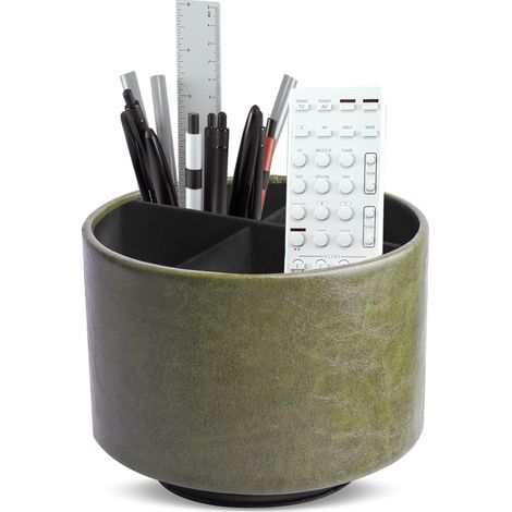Porte-stylo rond en cuir rotatif à 360° - Porte-télécommande rotatif - Table de chevet - Télécommande TV - Organiseur de bureau pour stylos, fournitures de bureau - Boîte de rangement 1 vert (1/5)