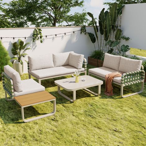 Gartenmöbel-Set 5 Plätze aus Metall mit Tisch, 2 Sofas, Sessel mit Tisch und dicken Kissen, Aprikose