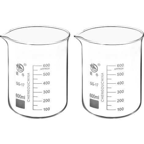 600ml Bas Forme Verre Bécher, 2 Paquet 3.3 Borosilicate Verre Gradué Imprimé Échelle Tasses à Mesurer avec Bec Verseur pour Cuisine Laboratoire Liquides (1/5)