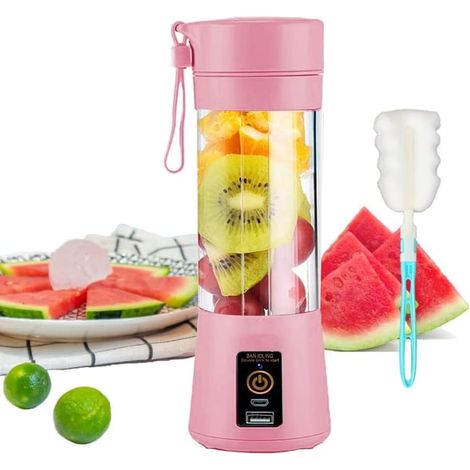 Blender nomade - Mini blender 13 oz renforcé à 6 lames, rechargeable via USB, couleur rose, idéal pour smoothies et voyages (1/5)
