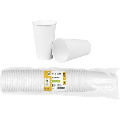 Heku 50 bicchieri di carta bianca, fibra fresca con rivestimento, ecologici e riciclabili, certificati FSC, per bevande calde e fredde, ideali per eventi, uffici e caffè, 0,4 l