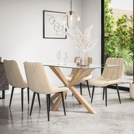 Etta Glass Dining Table And Chairs - Glass Top w Solid Oak Legs + Nova Velvet Dining Chair Set Of 4 (Beige) (1/5)